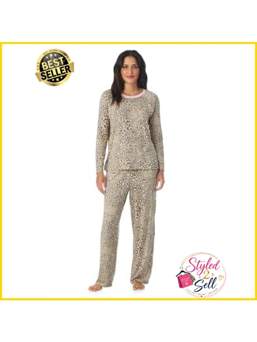 Women's Long Sleeve Crewneck Pajama Set Cozy Jersey PJs with Pockets
